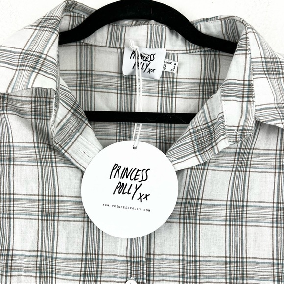 PRINCESS POLLY Leigh Lightweight Plaid Shirt in White, Size 2, Oversized Fit NWT - Picture 3 of 9